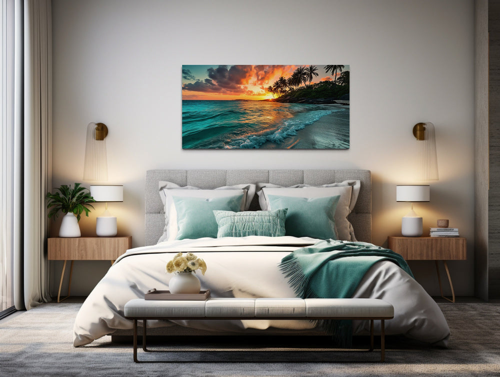 Tropical Beach Sunset Painting Coastal Framed Canvas Wall Art above bed