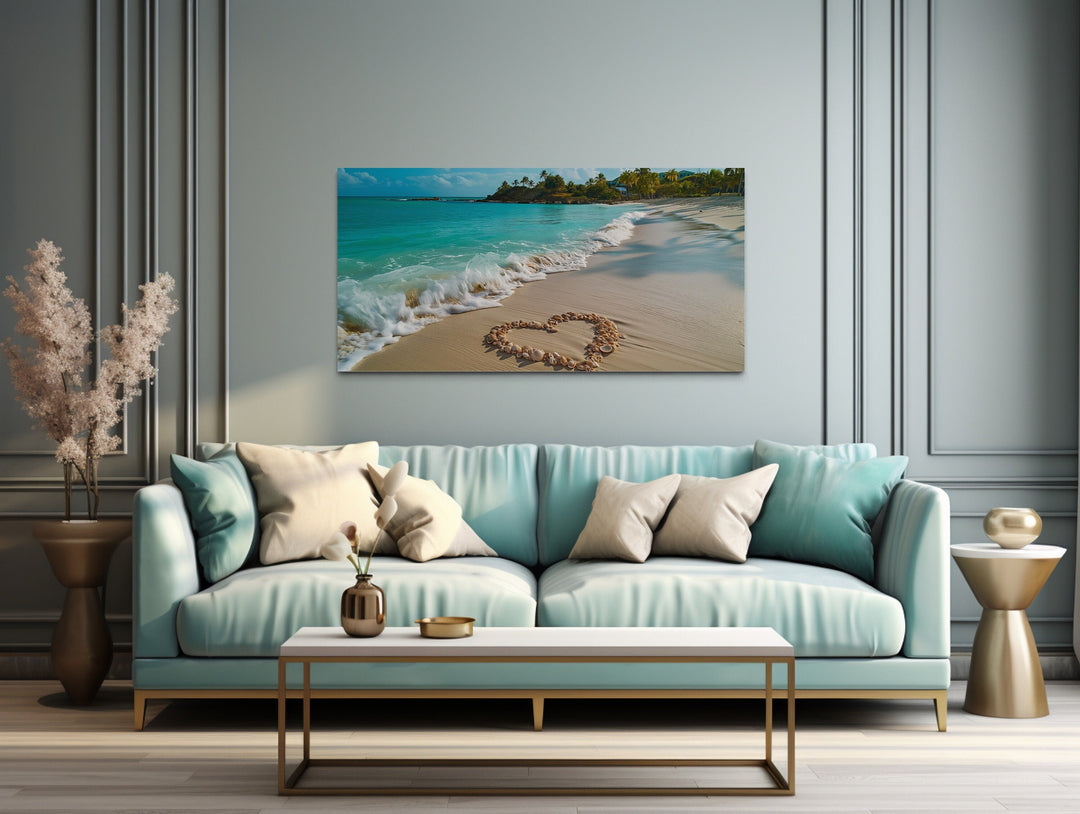 Tropical Beach With Heart Shaped Seashells Romantic Framed Canvas Wall Art
