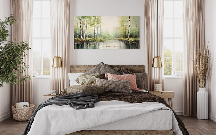 Birch Tree Forest Abstract Rustic Framed Canvas Wall Art in bedroom