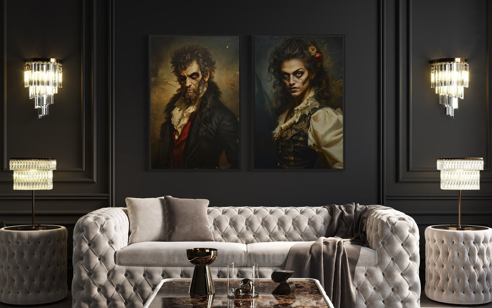 Gothic Zombie Couple Set Of 2 Romantic Halloween Wall Decor above sofa