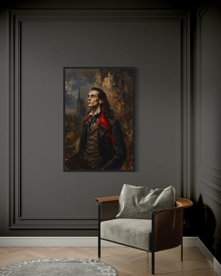 Vampire Near His Castle Gothic Framed Canvas Wall Art on large wall