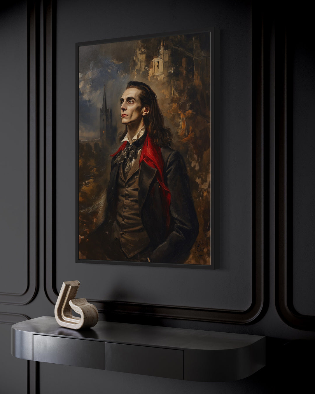 Vampire Near His Castle Gothic Framed Canvas Wall Art close up