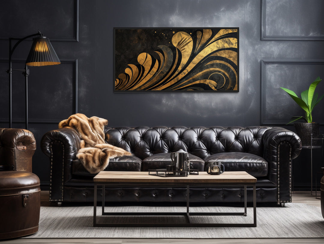 Black Gold Floral Art Nouveau Framed Canvas Wall Art in dark room