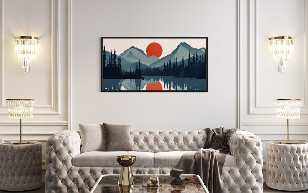 Mid Century Modern Minimalist Mountain Lake Landscape Canvas Wall Art above white couch
