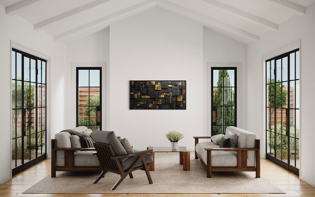 Black Gold Abstract Geometric Wall Art in large room