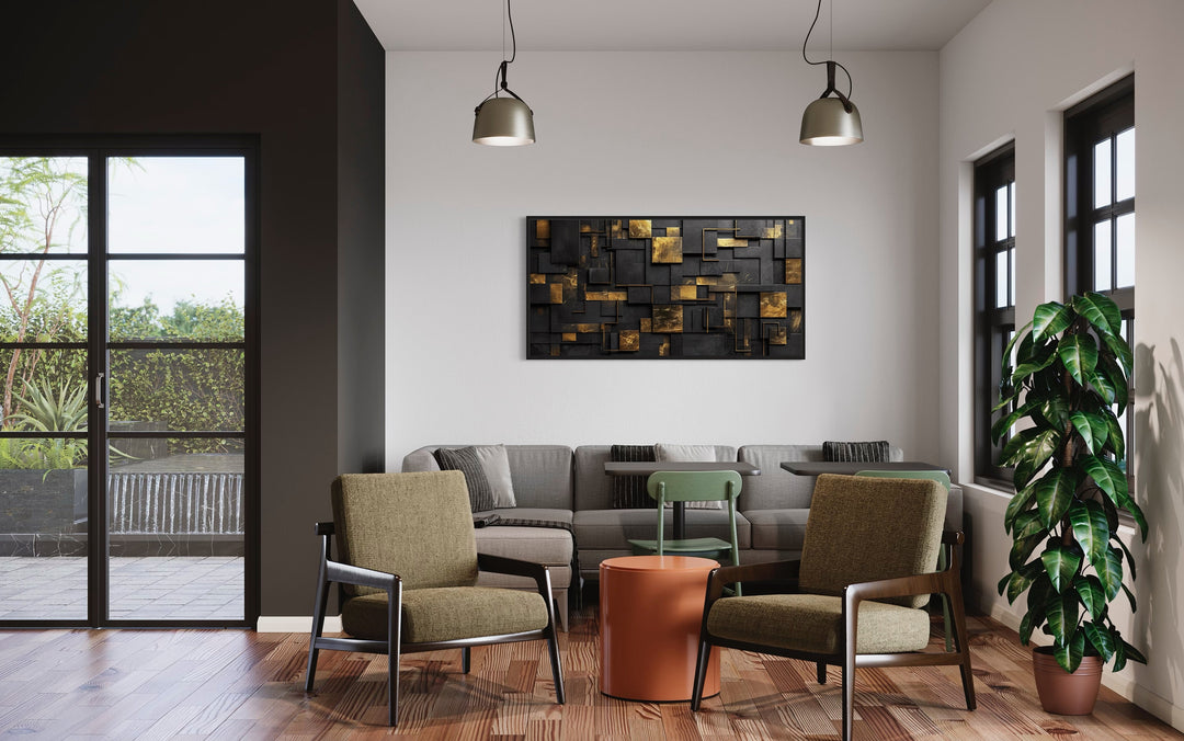 Black Gold Abstract Geometric Wall Art in living room