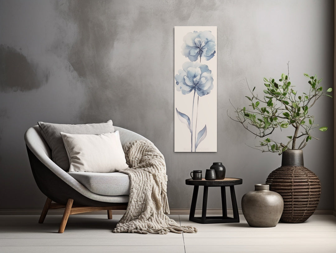 Long Narrow Pale Blue Floral Vertical Framed Canvas Wall Art