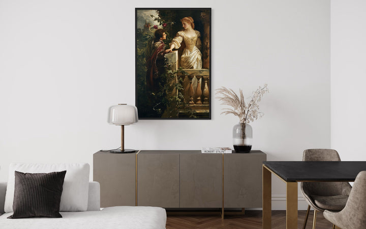 Romeo And Juliet Balcony Scene Vintage Dark Academia Wall Art in living room