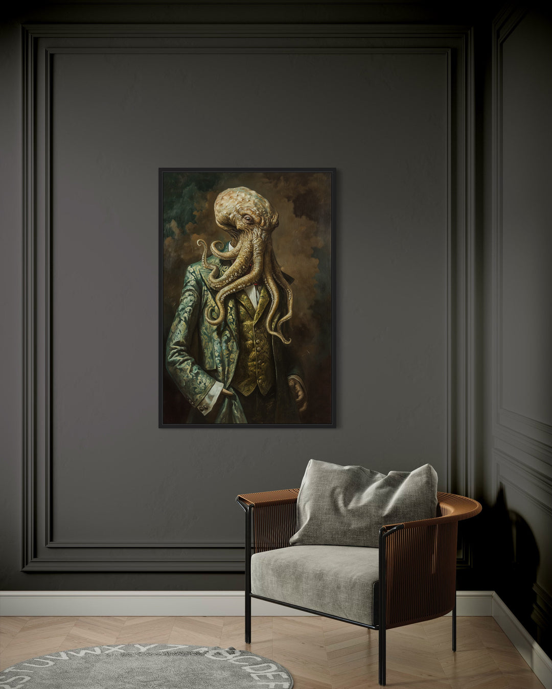 Cthulhu In Suit Vintage Portrait Framed Canvas Wall Art behind armchair