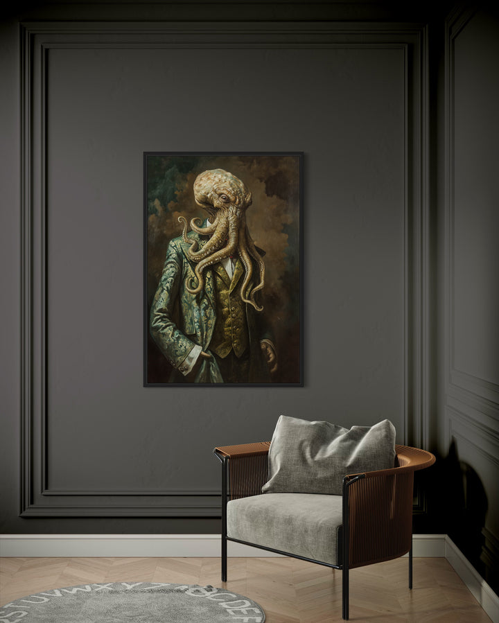 Cthulhu In Suit Vintage Portrait Framed Canvas Wall Art behind armchair