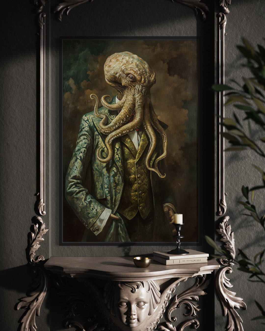 Cthulhu In Suit Vintage Portrait Framed Canvas Wall Art in gothic room