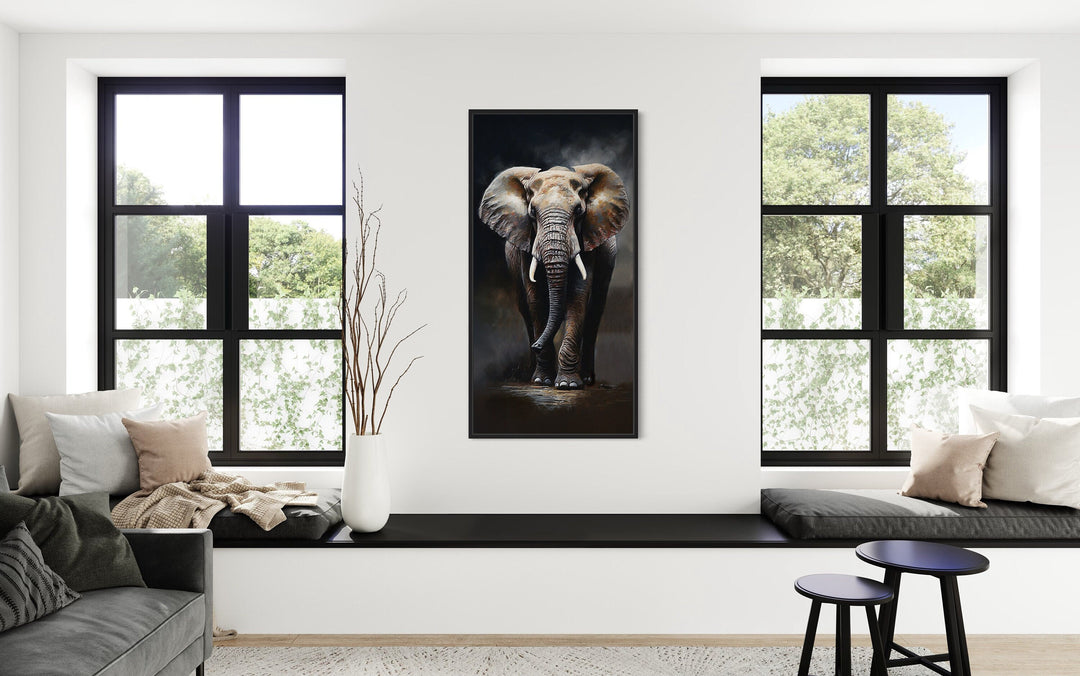 Long Vertical Extra Large African Elephant Framed Canvas Wall Art