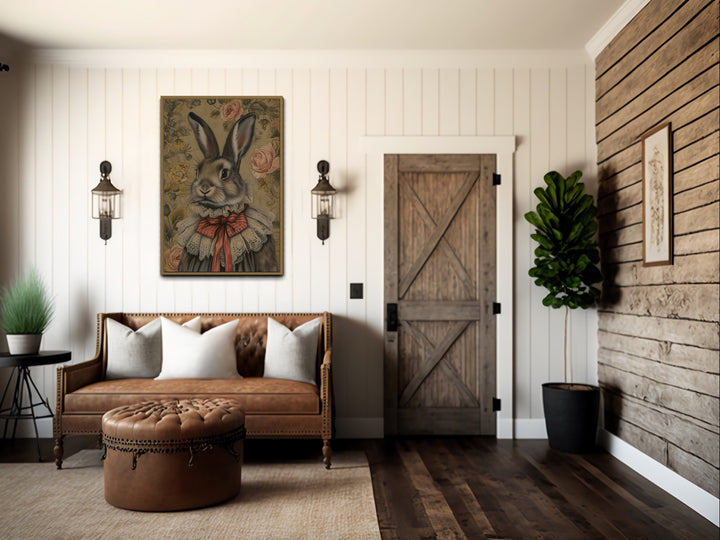 Victorian Bunny Portrait Framed Canvas Wall Art in rustic room
