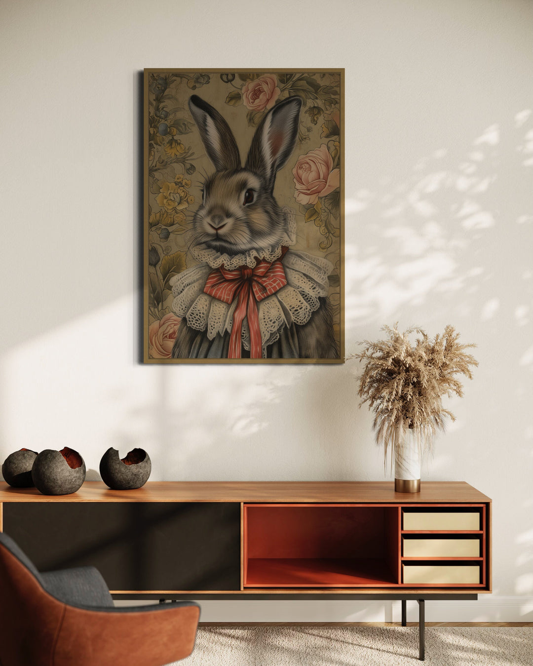 Victorian Bunny Portrait Framed Canvas Wall Art in living room