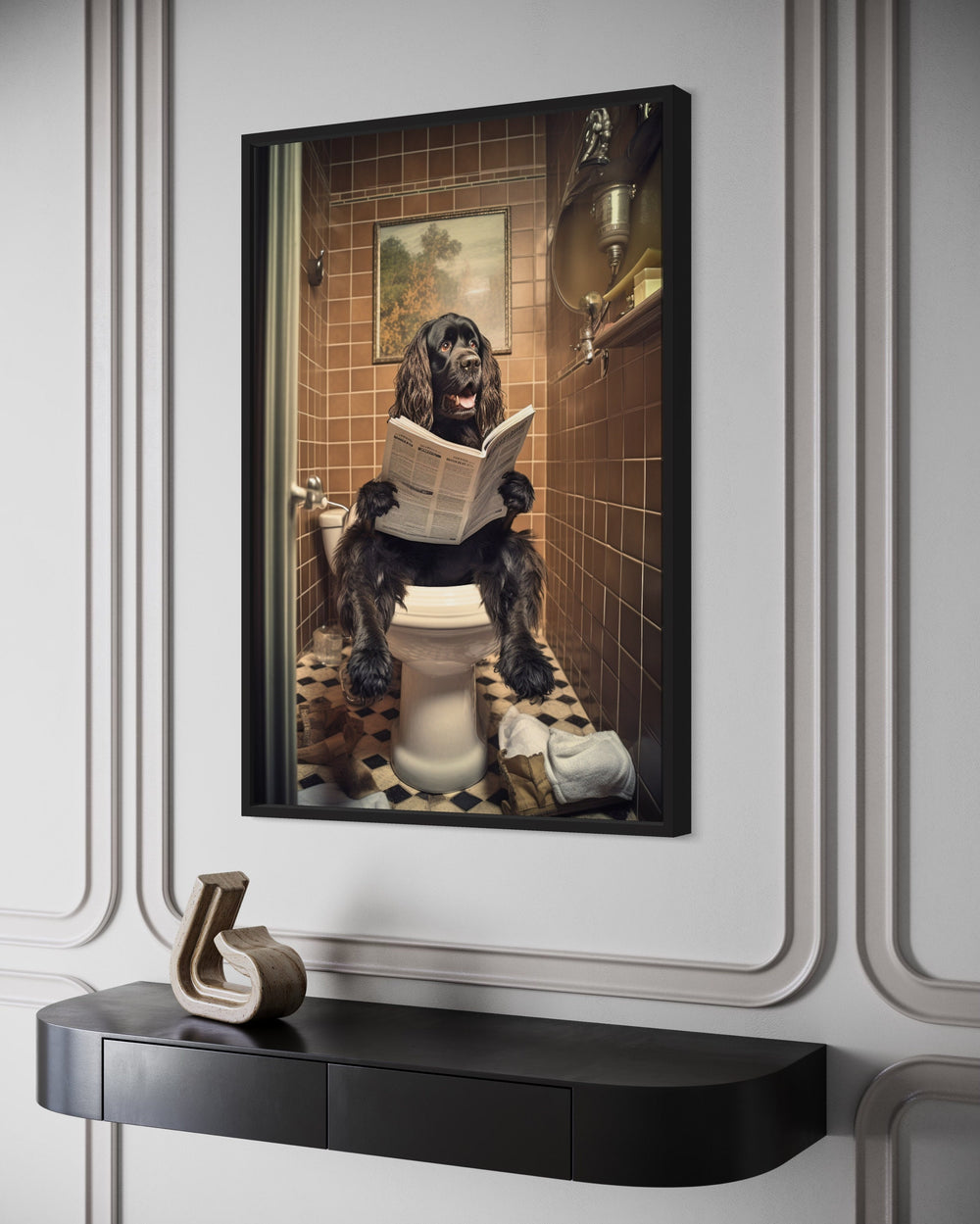 Black Cocker Spaniel Dog On The Toilet Reading Newspaper Wall Art side view