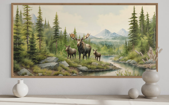 Moose Family With Cubs In The Forest Framed Canvas Wall Art close up