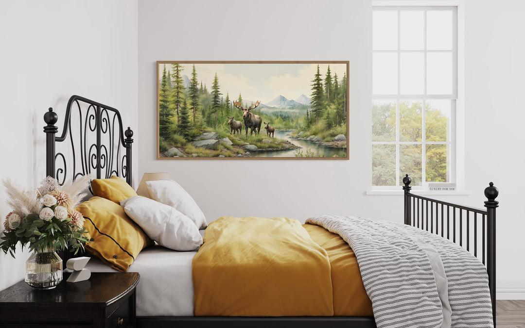 Moose Family With Cubs In The Forest Framed Canvas Wall Art in bedroom