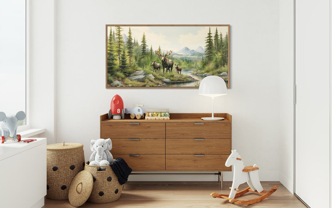 Moose Family With Cubs In The Forest Framed Canvas Wall Art in nursery