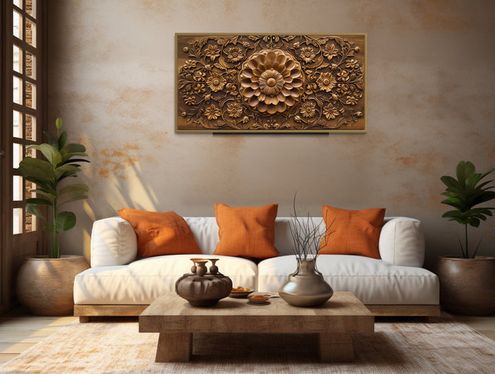 Indian Canvas Wall Art Jali Style Floral Carved Wood Painting "Jali Harmony" in indian room over beige couch