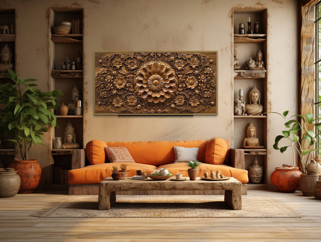 Indian Canvas Wall Art Jali Style Floral Carved Wood Painting "Jali Harmony" over orange couch
