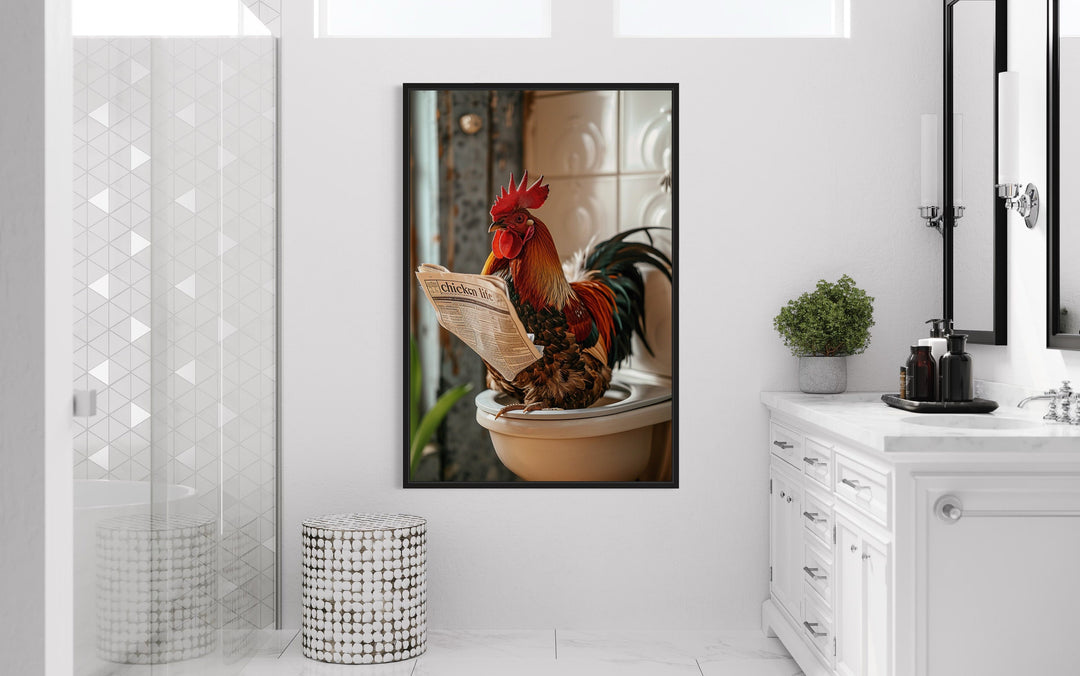 Rooster On The Toilet Reading Newspaper Framed Canvas Wall Art in the bathroom