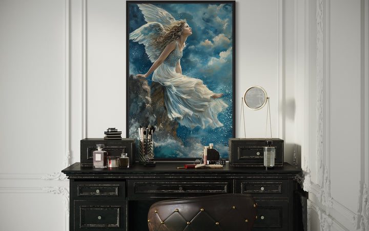 Beautiful Angel Sitting On Top A Mountain Among Clouds in Heaven Wall Art above dresser