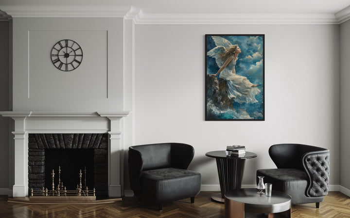 Beautiful Angel Sitting On Top A Mountain Among Clouds in Heaven Wall Art in the office