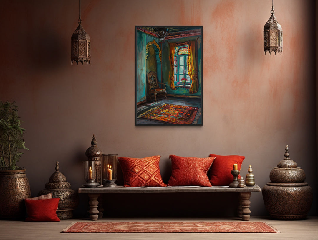 Traditional Indian Room With Window "Cultural Reflections" Indian Wall Art above wooden counter