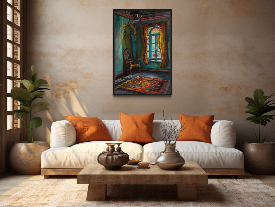 Traditional Indian Room With Window "Cultural Reflections" Indian Wall Art above white couch