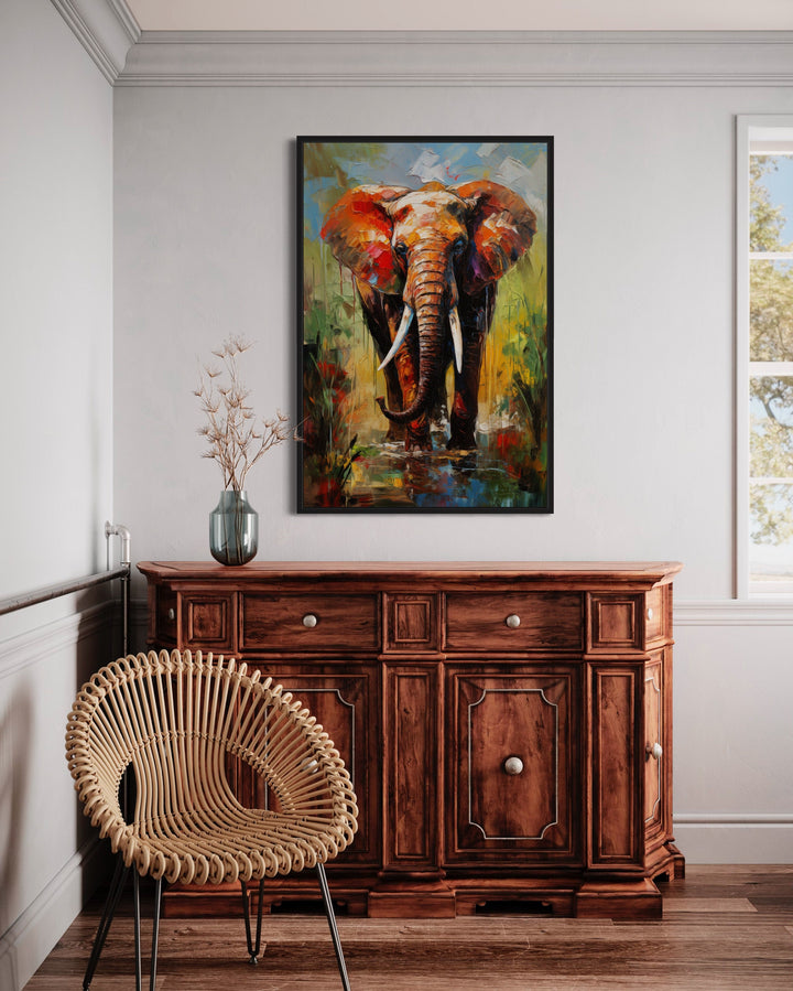 Colorful African Elephant Pop Art Framed Canvas Wall Art in bedroom