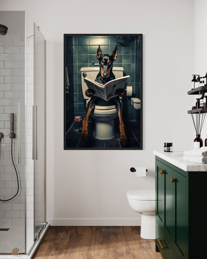 Black Dobermann Dog On The Toilet Reading Newspaper Wall Art in the toilet