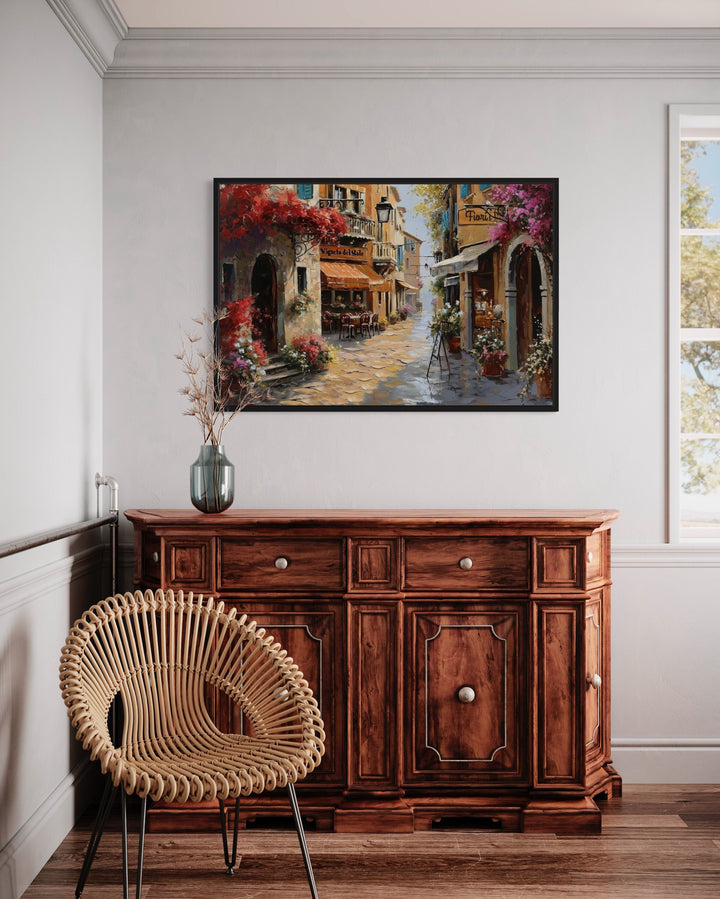 Charming Italian Street With Restaurants Framed Canvas Wall Art in bedroom