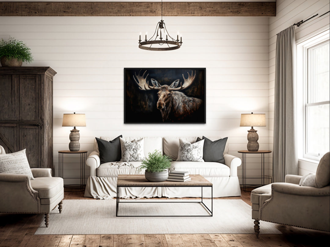 Dark Moose Painting Cabin Decor Framed Canvas Wall Art above beige couch