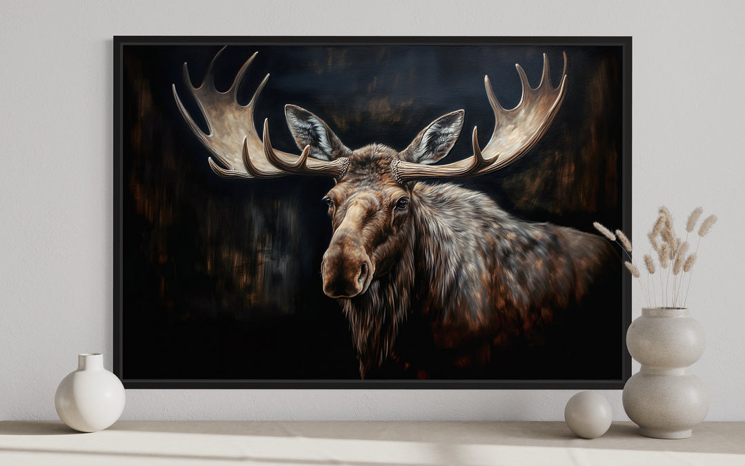 Dark Moose Painting Framed Canvas Wall Art close up