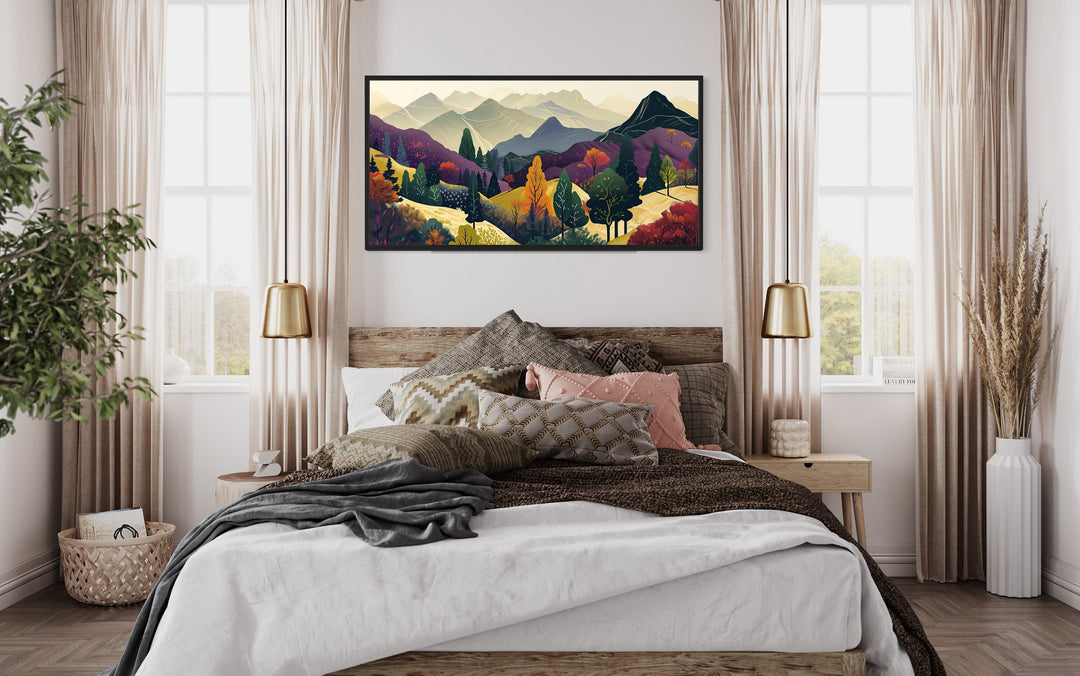 Mid Century Modern Purple Yellow Mountain Landscape Canvas Wall Art above bed