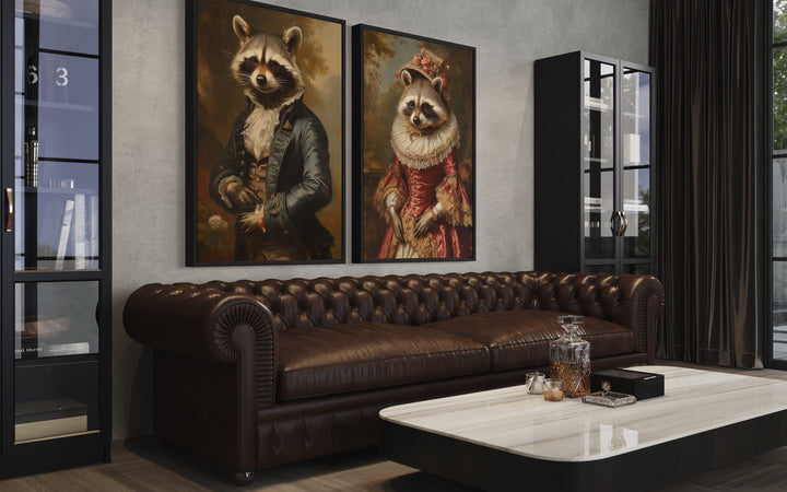 Raccoons Couple Vintage Victorian Portrait Framed Canvas Wall Art above brown couch