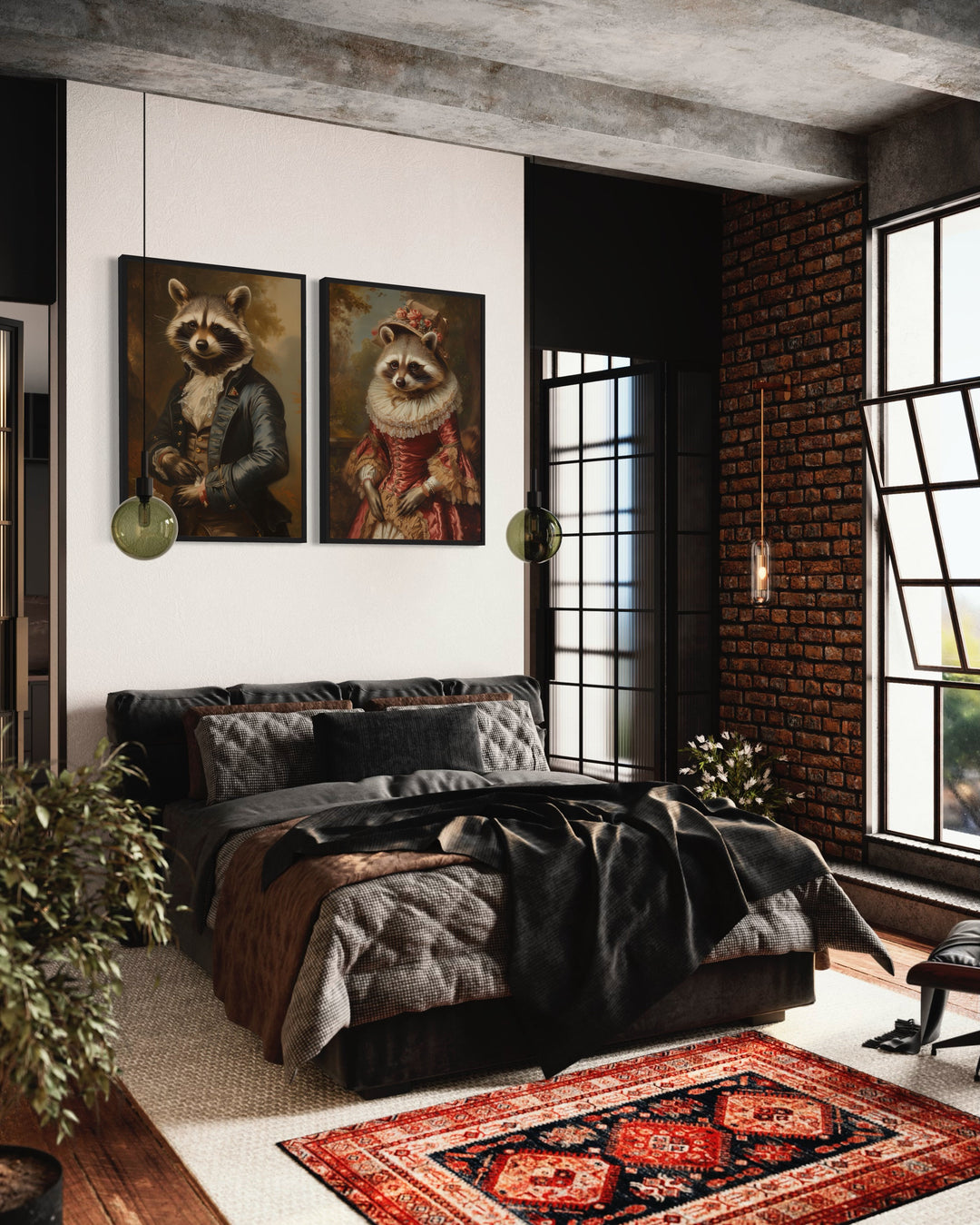 Raccoons Couple Vintage Victorian Portrait Framed Canvas Wall Art above black bed