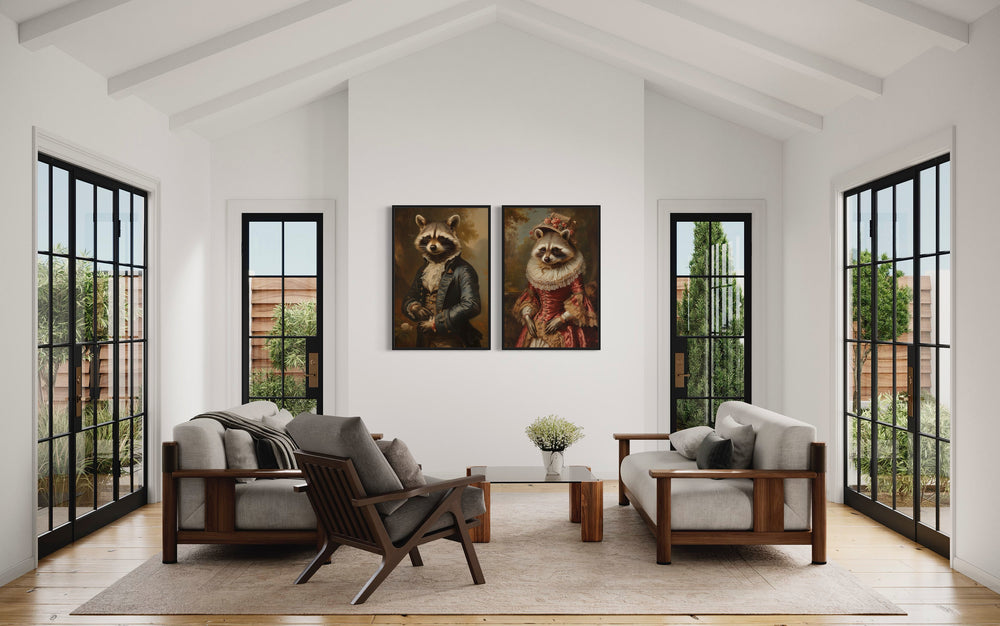 Raccoons Couple Vintage Victorian Portrait Framed Canvas Wall Art in cabin