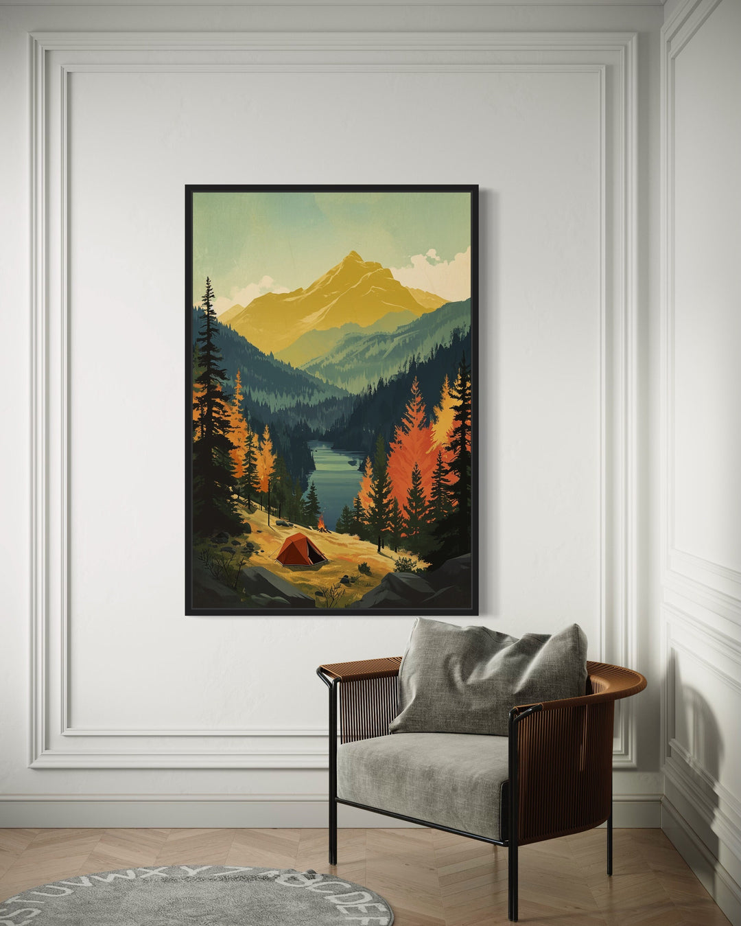 Mountain Lake Landscape Camping Tent Framed Canvas Wall Art behind armchair