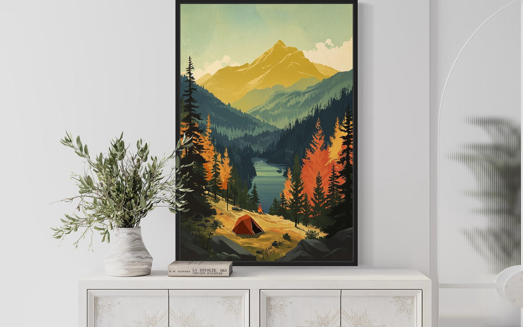 Mountain Lake Landscape Camping Tent Framed Canvas Wall Art above desk