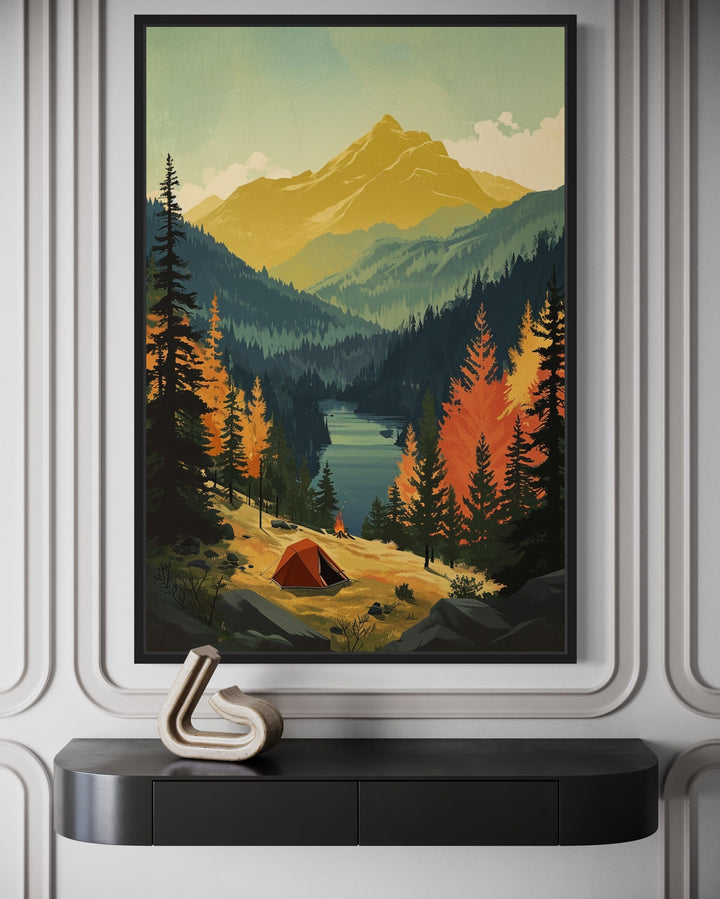 Mountain Lake Landscape Camping Tent Framed Canvas Wall Art close up