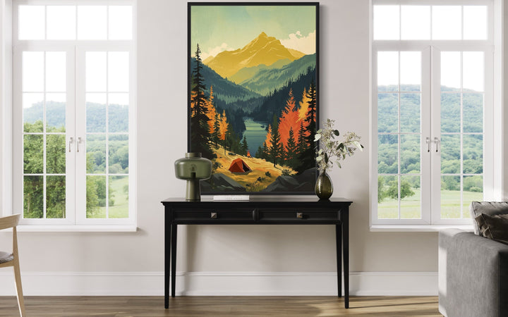 Mountain Lake Landscape Camping Tent Framed Canvas Wall Art