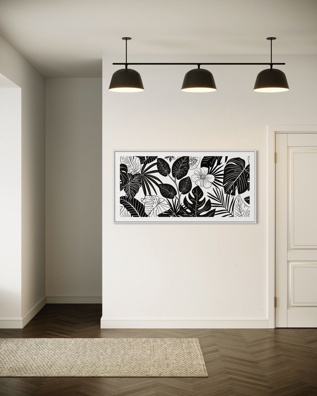 Black White Horizontal Flowers Framed Canvas Wall Art in living room