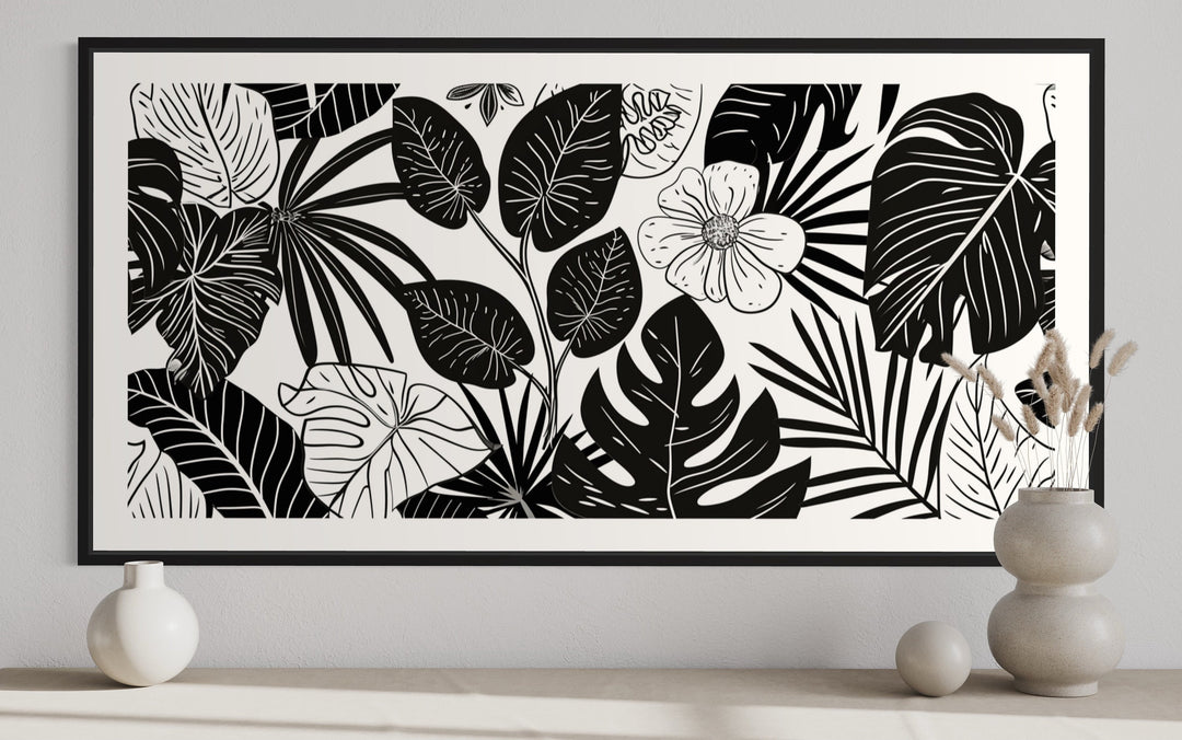 Black White Horizontal Flowers Framed Canvas Wall Art close up