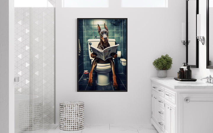 Brown Dobermann Dog On The Toilet Reading Newspaper Canvas