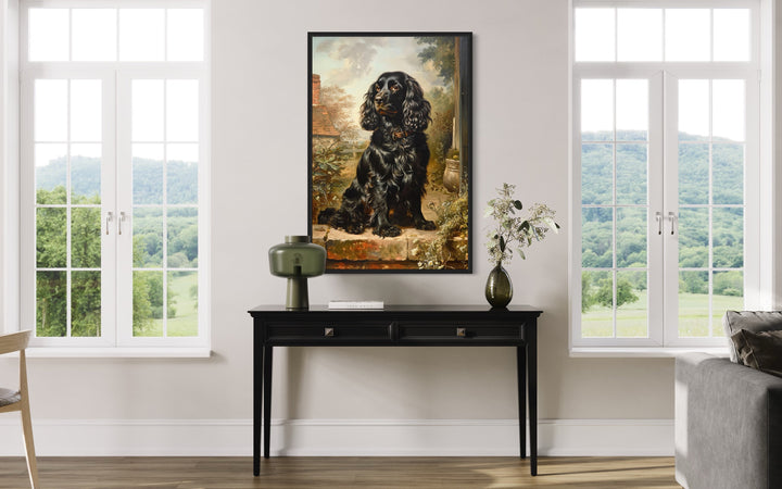 Black Cocker Spaniel Vintage Painting Framed Canvas Wall Art in living room