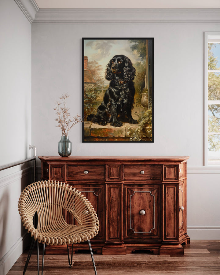 Black Cocker Spaniel Vintage Painting Framed Canvas Wall Art in bedroom