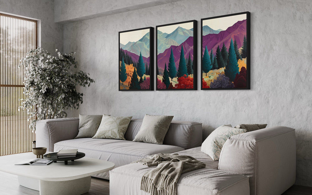 3 Piece Abstract Purple Mountain Landscape Framed Canvas Wall Art above grey couch