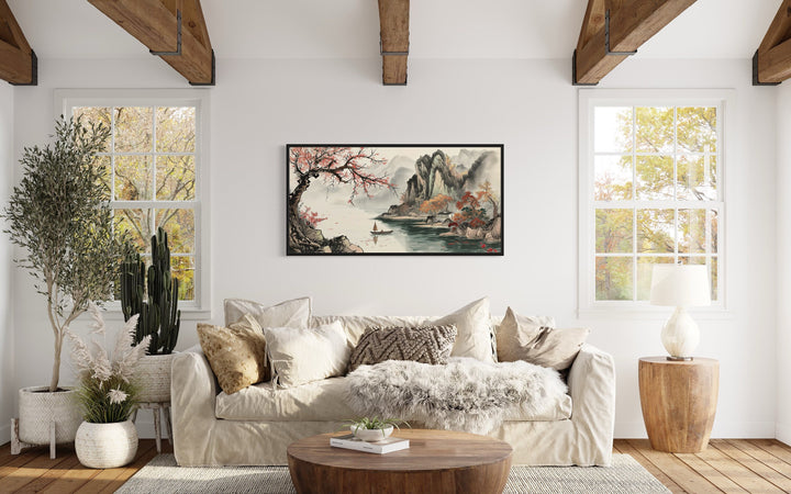 Traditional Chinese Landscape Shan Shui Hua Canvas Wall Art above beige couch