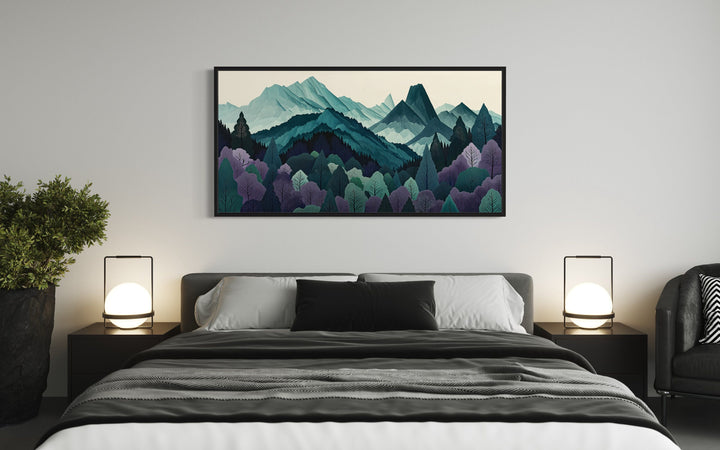 Mid Century Modern Landscape Mountain Forest Canvas Wall Art above bed